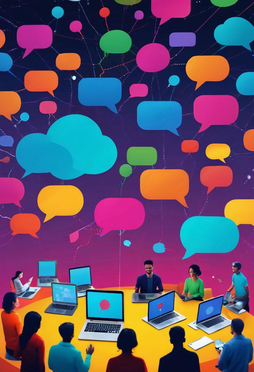 A vibrant digital landscape filled with diverse people engaging in live chats and video calls, showcasing a sense of community and interaction. Include colorful speech bubbles floating around, representing different thoughts and ideas being exchanged. Depict various devices like laptops and smartphones to emphasize the online aspect. A backdrop of interconnected nodes symbolizing a thriving digital network. colorful, 3D, modern design.