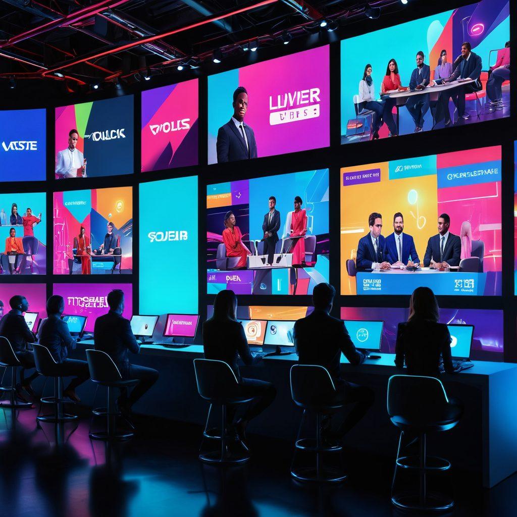 An energetic and vibrant scene of a virtual live event featuring diverse people engaging with digital screens, showcasing various interactive elements like polls and chats. Bright neon lights and dynamic graphics fill the background, depicting a blend of technology and human connection. The atmosphere should feel exciting and forward-looking, symbolizing the evolution of live events in a digital landscape. super-realistic. vibrant colors. dynamic composition.