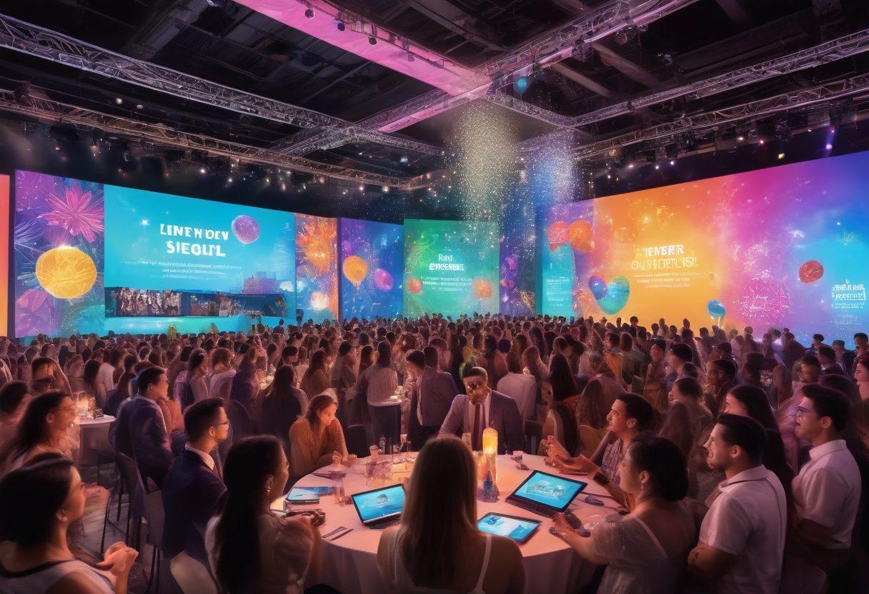 A lively event scene showcasing diverse groups of people engaged in various activities, such as networking, interactive workshops, and live performances. Include vibrant decorations, real-time digital displays, and fun engagement tools like QR codes and mobile apps. The atmosphere should be energetic and inclusive, capturing the essence of modern event coordination. super-realistic. vibrant colors. dynamic background.